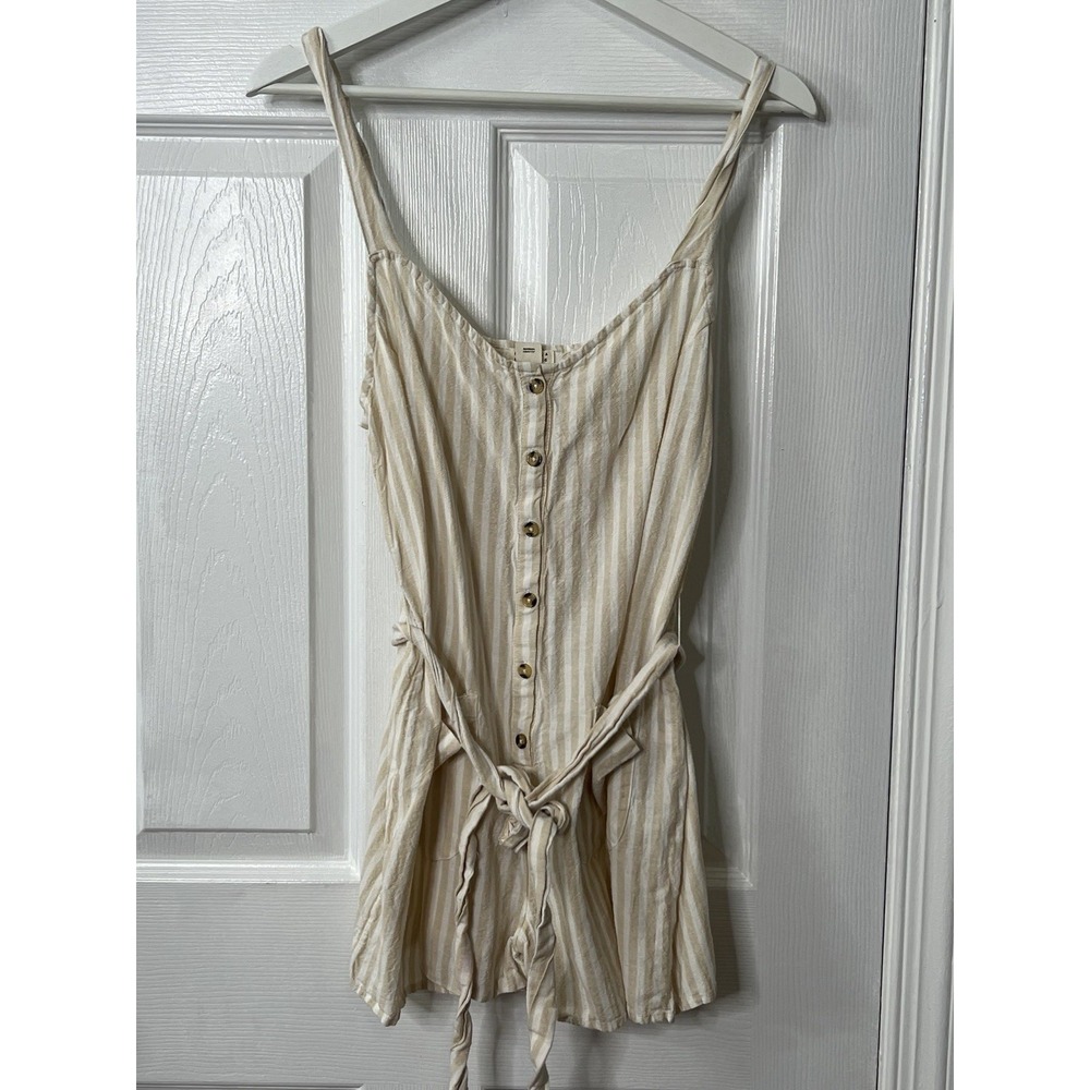 Billabong Striped Linen Blend Romper M Boho Coastal Beach Button Front Tie Belt - Picture 2 of 7